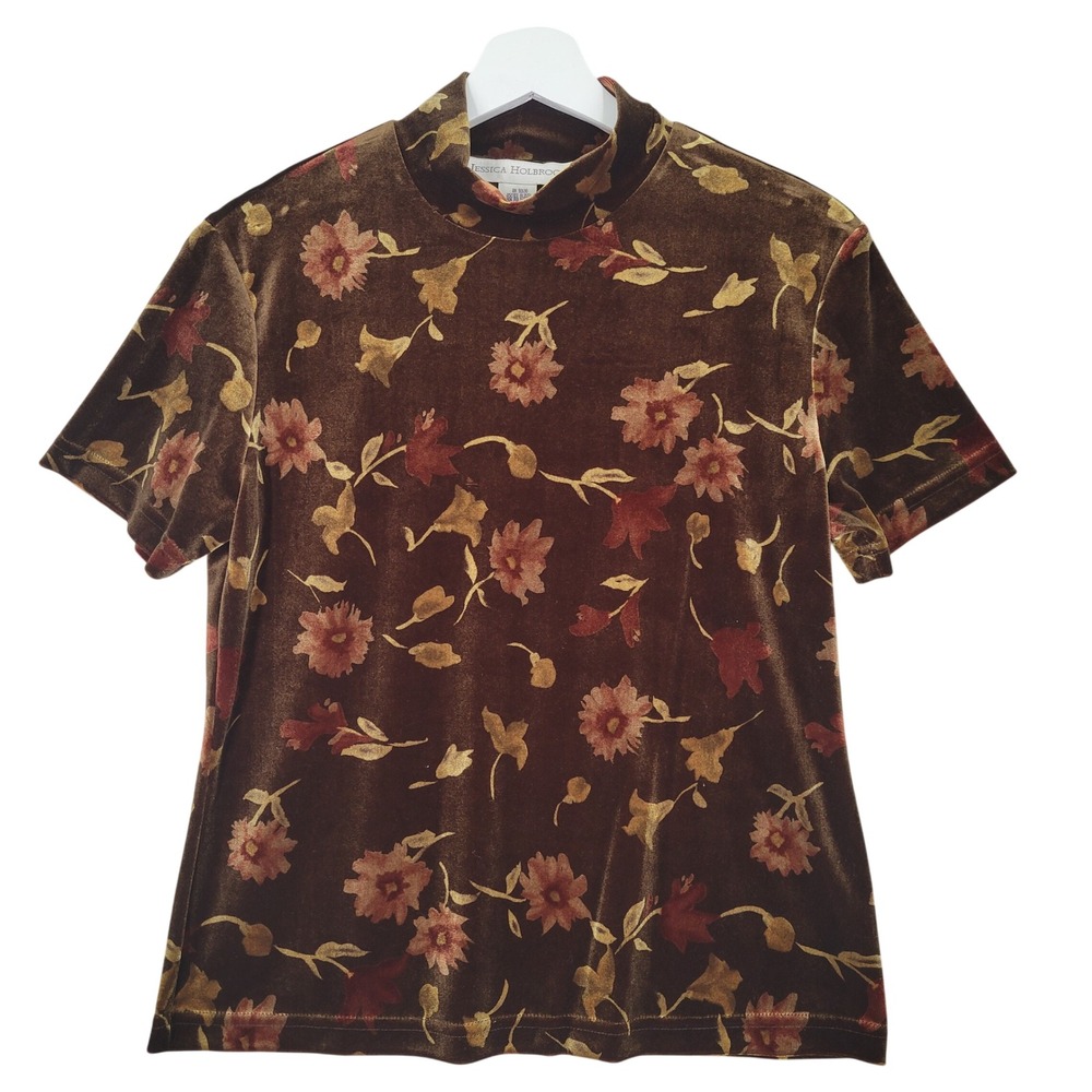 Jessica Holbrook Floral Velvet Mock Neck Top Medium Brown Floral Short Sleeve